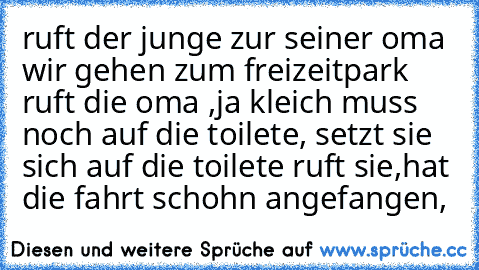 ruft der junge zur seiner oma wir gehen zum freizeitpark ruft die oma ,ja kleich muss noch auf die toilete, setzt sie sich auf die toilete ruft sie,hat die fahrt schohn angefangen,