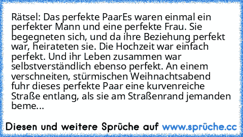 Rätsel: Das perfekte Paar
Es waren einmal ein perfekter Mann und eine perfekte Frau. Sie begegneten sich, und da ihre Beziehung perfekt war, heirateten sie. Die Hochzeit war einfach perfekt. Und ihr Leben zusammen war selbstverständlich ebenso perfekt. An einem verschneiten, stürmischen Weihnachtsabend fuhr dieses perfekte Paar eine kurvenreiche Straße entlang, als sie am Straßenrand jemanden b...