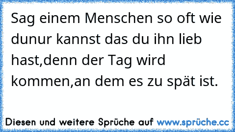 Sag einem Menschen so oft wie du
nur kannst das du ihn lieb hast,
denn der Tag wird kommen,
an dem es zu spät ist.