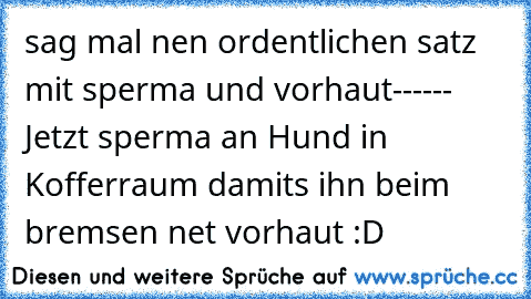 sag mal nen ordentlichen satz mit sperma und vorhaut------ Jetzt sperma an Hund in Kofferraum damits ihn beim bremsen net vorhaut :D