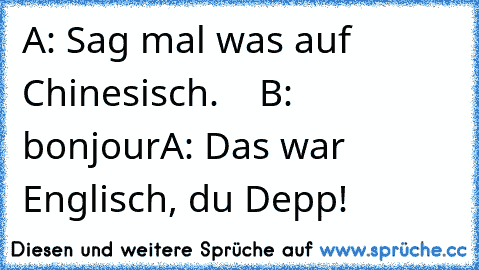 A: Sag mal was auf Chinesisch.    
B:  bonjour
A: Das war Englisch, du Depp!