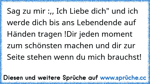 Sag zu mir :,, Ich Liebe dich" und ich werde dich bis ans Lebendende auf Händen tragen !
Dir jeden moment zum schönsten machen und dir zur Seite stehen wenn du mich brauchst! ♥