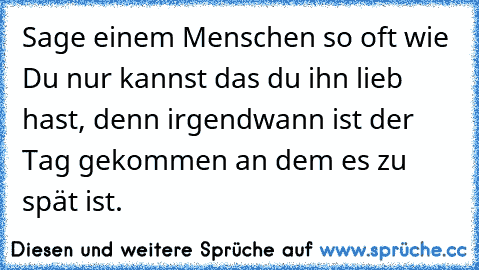 Sage einem Menschen so oft wie Du nur kannst das du ihn lieb hast, denn irgendwann ist der Tag gekommen an dem es zu spät ist.