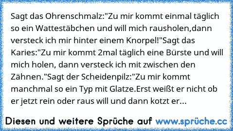 Sagt das Ohrenschmalz:"Zu mir kommt einmal täglich so ein Wattestäbchen und will mich rausholen,dann versteck ich mir hinter einem Knorpel!"
Sagt das Karies:"Zu mir kommt 2mal täglich eine Bürste und will mich holen, dann versteck ich mit zwischen den Zähnen."
Sagt der Scheidenpilz:"Zu mir kommt manchmal so ein Typ mit Glatze.Erst weißt er nicht ob er jetzt rein oder raus will und dann kotzt er mi...