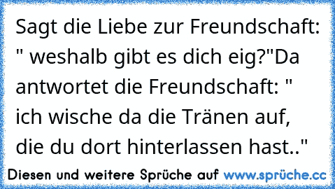 Sagt die Liebe zur Freundschaft: " weshalb gibt es dich eig?"
Da antwortet die Freundschaft: " ich wische da die Tränen auf, die du dort hinterlassen hast..♥"