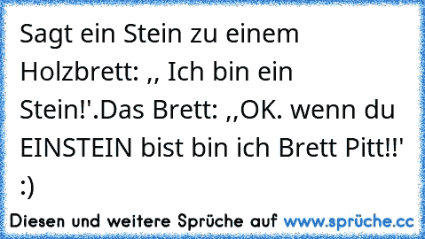 Sagt ein Stein zu einem Holzbrett: ,, Ich bin ein Stein!'.
Das Brett: ,,OK. wenn du EINSTEIN bist bin ich Brett Pitt!!' :)