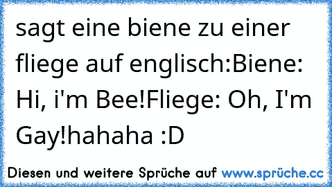 sagt eine biene zu einer fliege auf englisch:
Biene: Hi, i'm Bee!
Fliege: Oh, I'm Gay!
hahaha :D