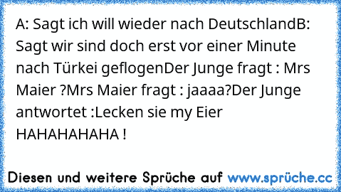 A: Sagt ich will wieder nach Deutschland
B: Sagt wir sind doch erst vor einer Minute nach Türkei geflogen
Der Junge fragt : Mrs Maier ?
Mrs Maier fragt : jaaaa?
Der Junge antwortet :Lecken sie my Eier HAHAHAHAHA !