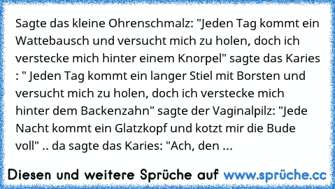 Sagte das kleine Ohrenschmalz: "Jeden Tag kommt ein Wattebausch und versucht mich zu holen, doch ich verstecke mich hinter einem Knorpel" sagte das Karies : " Jeden Tag kommt ein langer Stiel mit Borsten und versucht mich zu holen, doch ich verstecke mich hinter dem Backenzahn" sagte der Vaginalpilz: "Jede Nacht kommt ein Glatzkopf und kotzt mir die Bude voll" .. da sagte das Karies: "Ach, den ken...