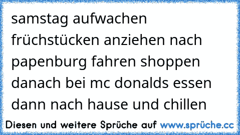 samstag aufwachen früchstücken anziehen nach papenburg fahren shoppen  danach bei mc donalds essen dann nach hause und chillen