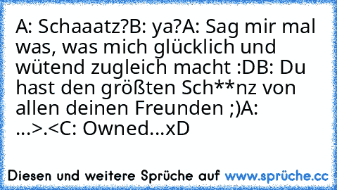 A: Schaaatz?
B: ya?
A: Sag mir mal was, was mich glücklich und wütend zugleich macht :D
B: Du hast den größten Sch**nz von allen deinen Freunden ;)
A:  ...>.<
C: Owned...xD