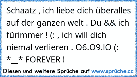 Schaatz , ich liebe dich überalles auf der ganzen welt . Du && ich fürimmer ! (: , ich will dich niemal verlieren . O6.O9.lO (: *__* FOREVER ! ♥