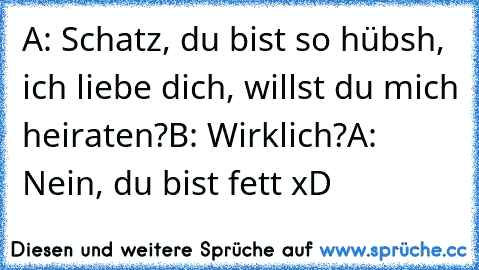 A: Schatz, du bist so hübsh, ich liebe dich, willst du mich heiraten?
B: Wirklich?
A: Nein, du bist fett xD