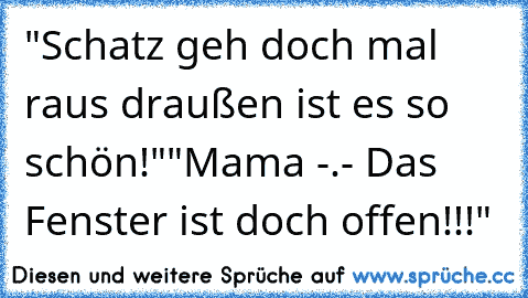 "Schatz geh doch mal raus draußen ist es so schön!"
"Mama -.- Das Fenster ist doch offen!!!"