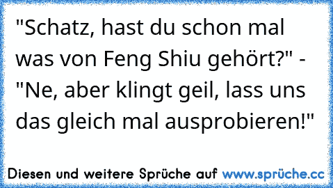 "Schatz, hast du schon mal was von Feng Shiu gehört?" - "Ne, aber klingt geil, lass uns das gleich mal ausprobieren!"