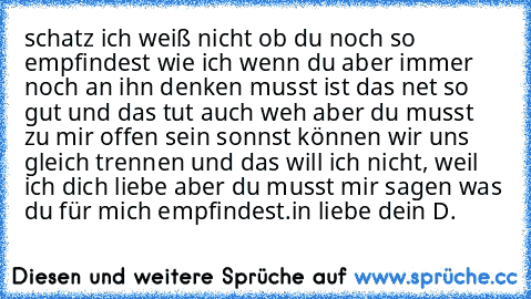 schatz ich weiß nicht ob du noch so empfindest wie ich wenn du aber immer noch an ihn denken musst ist das net so gut und das tut auch weh aber du musst zu mir offen sein sonnst können wir uns gleich trennen und das will ich nicht, weil ich dich liebe aber du musst mir sagen was du für mich empfindest.
in liebe dein D.