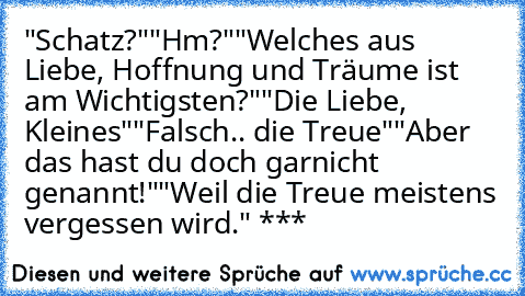 "Schatz?"
"Hm?"
"Welches aus Liebe, Hoffnung und Träume ist am Wichtigsten?"
"Die Liebe, Kleines"
"Falsch.. die Treue"
"Aber das hast du doch garnicht genannt!"
"Weil die Treue meistens vergessen wird." ***