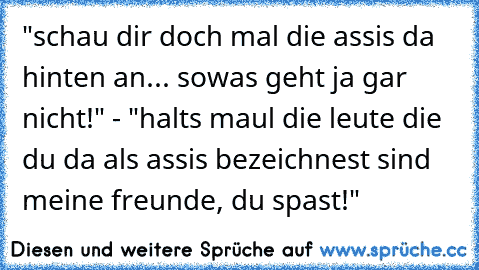 "schau dir doch mal die assis da hinten an... sowas geht ja gar nicht!" - "halts maul die leute die du da als assis bezeichnest sind meine freunde, du spast!"