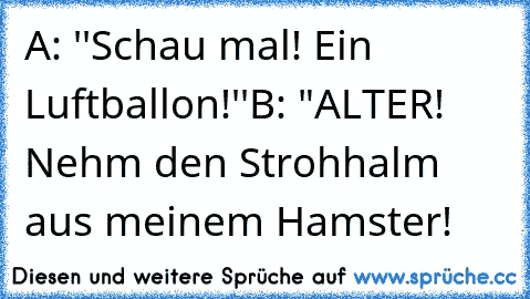 A: ''Schau mal! Ein Luftballon!''
B: "ALTER! Nehm den Strohhalm aus meinem Hamster!