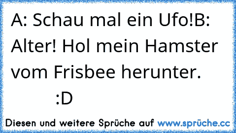 A: Schau mal ein Ufo!
B: Alter! Hol mein Hamster vom Frisbee herunter.  
            :D