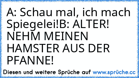 A: Schau mal, ich mach Spiegelei!
B: ALTER! NEHM MEINEN HAMSTER AUS DER PFANNE!