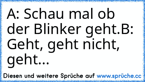 A: Schau mal ob der Blinker geht.
B: Geht, geht nicht, geht...