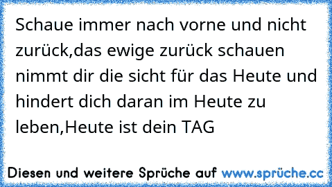 Schaue immer nach vorne und nicht zurück,das ewige zurück schauen nimmt dir die sicht für das Heute und hindert dich daran im Heute zu leben,Heute ist dein TAG