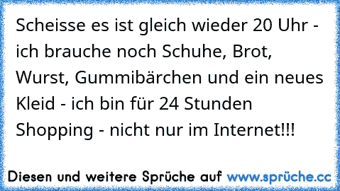 Scheisse es ist gleich wieder 20 Uhr - ich brauche noch Schuhe, Brot, Wurst, Gummibärchen und ein neues Kleid - ich bin für 24 Stunden Shopping - nicht nur im Internet!!!