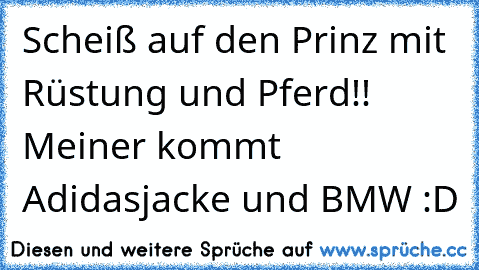 Scheiß auf den Prinz mit Rüstung und Pferd!! Meiner kommt Adidasjacke und BMW :D