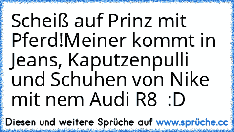 Scheiß auf Prinz mit Pferd!
Meiner kommt in Jeans, Kaputzenpulli und Schuhen von Nike mit nem Audi R8 ♥ :D