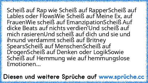 Scheiß auf Rap wie Scheiß auf Rapper
Scheiß auf Lables oder Flows
Wie Scheiß auf Meine Ex, auf Frauen
Wie scheiß auf Emanzipation
Scheiß Auf dicke Beats auf nichts verdien'
Und scheiß auf mich rasieren
Und scheiß auf dich und sie und ihn
und verdammt scheiß auf Britney Spears
Scheiß auf Menschen
Scheiß auf Drogen
Scheiß auf Denken oder Logik
Sowie Scheiß auf Hemmung wie auf hemmungslose Emotion...