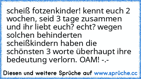 scheiß fotzenkinder! kennt euch 2 wochen, seid 3 tage zusammen und ihr liebt euch? echt? wegen solchen behinderten scheißkindern haben die schönsten 3 worte überhaupt ihre bedeutung verlorn. OAM! -.-