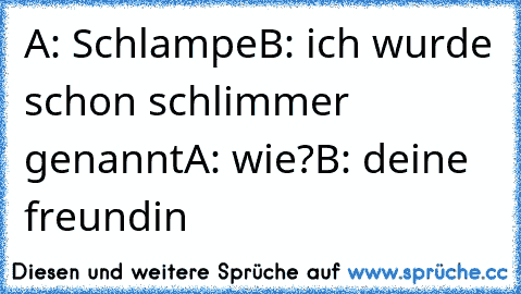 A: Schlampe
B: ich wurde schon schlimmer genannt
A: wie?
B: deine freundin