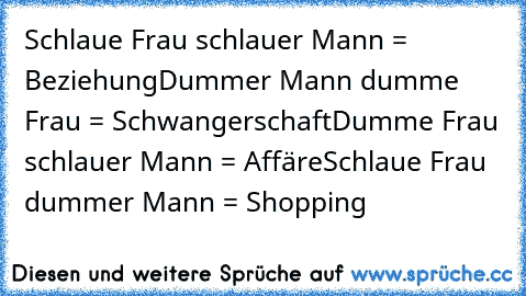 Schlaue Frau schlauer Mann = Beziehung
Dummer Mann dumme Frau = Schwangerschaft
Dumme Frau schlauer Mann = Affäre
Schlaue Frau dummer Mann = Shopping