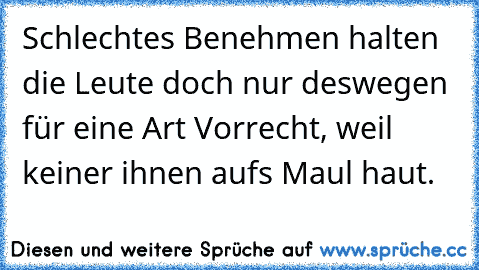 Schlechtes Benehmen halten die Leute doch nur deswegen für eine Art Vorrecht, weil keiner ihnen aufs Maul haut.