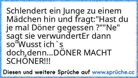 Schlendert ein Junge zu einem Mädchen hin und fragt:
"Hast du je mal Döner gegessen ?"
"Ne" sagt sie verwundert
Er dann so
"Wusst ich`s doch,denn...
DÖNER MACHT SCHÖNER!!!