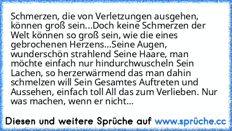 Schmerzen, die von Verletzungen ausgehen, können groß sein...
Doch keine Schmerzen der Welt können so groß sein, wie die eines gebrochenen Herzens...
Seine Augen, wunderschön strahlend Seine Haare, man möchte einfach nur hindurchwuscheln Sein Lachen, so herzerwärmend das man dahin schmelzen will Sein Gesamtes Auftreten und Aussehen, einfach toll All das zum Verlieben. Nur was machen, wenn er nicht...