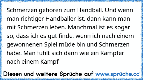 Schmerzen gehören zum Handball. Und wenn man richtiger Handballer ist, dann kann man mit Schmerzen leben. Manchmal ist es sogar so, dass ich es gut finde, wenn ich nach einem gewonnenen Spiel müde bin und Schmerzen habe. Man fühlt sich dann wie ein Kämpfer nach einem Kampf