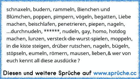 schnaxeln, budern, rammeln, Bienchen und Blümchen, poppen, pimpern, vögeln, begatten, Liebe machen, beischlafen, penetrieren, piepen, nageln, ...durchnudeln, ******, nudeln, gay, homo, hotdog machen, lunzen, versteck-die-wurst-spielen, moppeln, in die kiste steigen, drüber rutschen, nageln, bügeln, stöpseln, eumeln, römern, mausen, lieben,
& wer von euch kennt all diese ausdücke ?