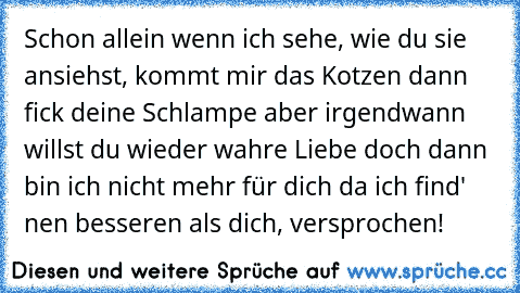 Schon allein wenn ich sehe, wie du sie ansiehst, kommt mir das Kotzen dann fick deine Schlampe aber irgendwann willst du wieder wahre Liebe doch dann bin ich nicht mehr für dich da ich find' nen besseren als dich, versprochen!