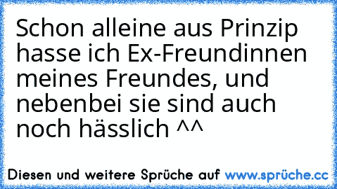 Schon alleine aus Prinzip hasse ich Ex-Freundinnen meines Freundes, und nebenbei sie sind auch noch hässlich ^^