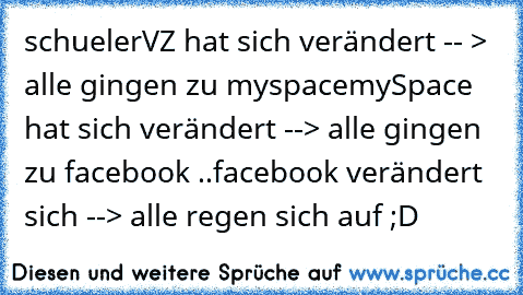 schuelerVZ hat sich verändert -- > alle gingen zu myspace
mySpace hat sich verändert --> alle gingen zu facebook ..
facebook verändert sich --> alle regen sich auf ;D