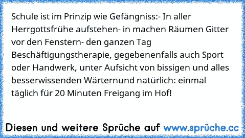 Schule ist im Prinzip wie Gefängniss:
- In aller Herrgottsfrühe aufstehen
- in machen Räumen Gitter vor den Fenstern
- den ganzen Tag Beschäftigungstherapie, gegebenenfalls auch Sport oder Handwerk, unter Aufsicht von bissigen und alles besserwissenden Wärtern
und natürlich: einmal täglich für 20 Minuten Freigang im Hof!