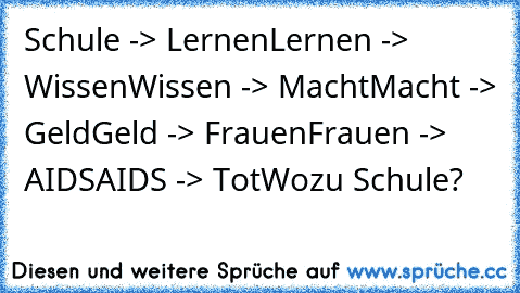 Schule -> Lernen
Lernen -> Wissen
Wissen -> Macht
Macht -> Geld
Geld -> Frauen
Frauen -> AIDS
AIDS -> Tot
Wozu Schule?