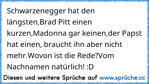 Schwarzenegger hat den längsten,
Brad Pitt einen kurzen,
Madonna gar keinen,
der Papst hat einen, braucht ihn aber nicht mehr.
Wovon ist die Rede?
Vom Nachnamen natürlich! :D