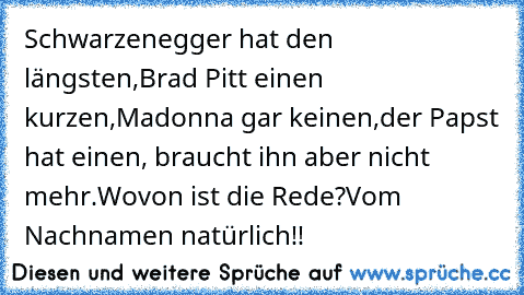 Schwarzenegger hat den längsten,
Brad Pitt einen kurzen,
Madonna gar keinen,
der Papst hat einen, braucht ihn aber nicht mehr.
Wovon ist die Rede?
Vom Nachnamen natürlich!!