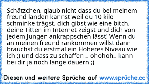 Schätzchen, glaub nicht dass du bei meinem freund landen kannst weil du 10 kilo schminke trägst, dich gibst wie eine bitch, deine Titten im Internet zeigst und dich von jedem Jungen ankrappschen lässt! Wenn du an meinen freund rankommen willst dann brauchst du erstmal ein Höheres Niveau wie ich ;) und dass zu schaffen .. ohohoh.. kann bei dir ja noch lange dauern ;)