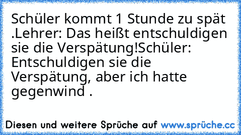 Schüler kommt 1 Stunde zu spät .
Lehrer: Das heißt entschuldigen sie die Verspätung!
Schüler: Entschuldigen sie die Verspätung, aber ich hatte gegenwind .