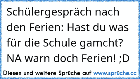 Schülergespräch nach den Ferien: Hast du was für die Schule gamcht? NA warn doch Ferien! ;D