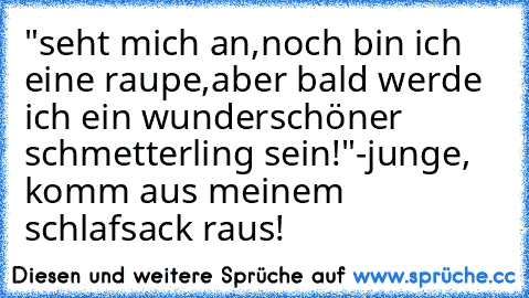 "seht mich an,noch bin ich eine raupe,aber bald werde ich ein wunderschöner schmetterling sein!"
-junge, komm aus meinem schlafsack raus!